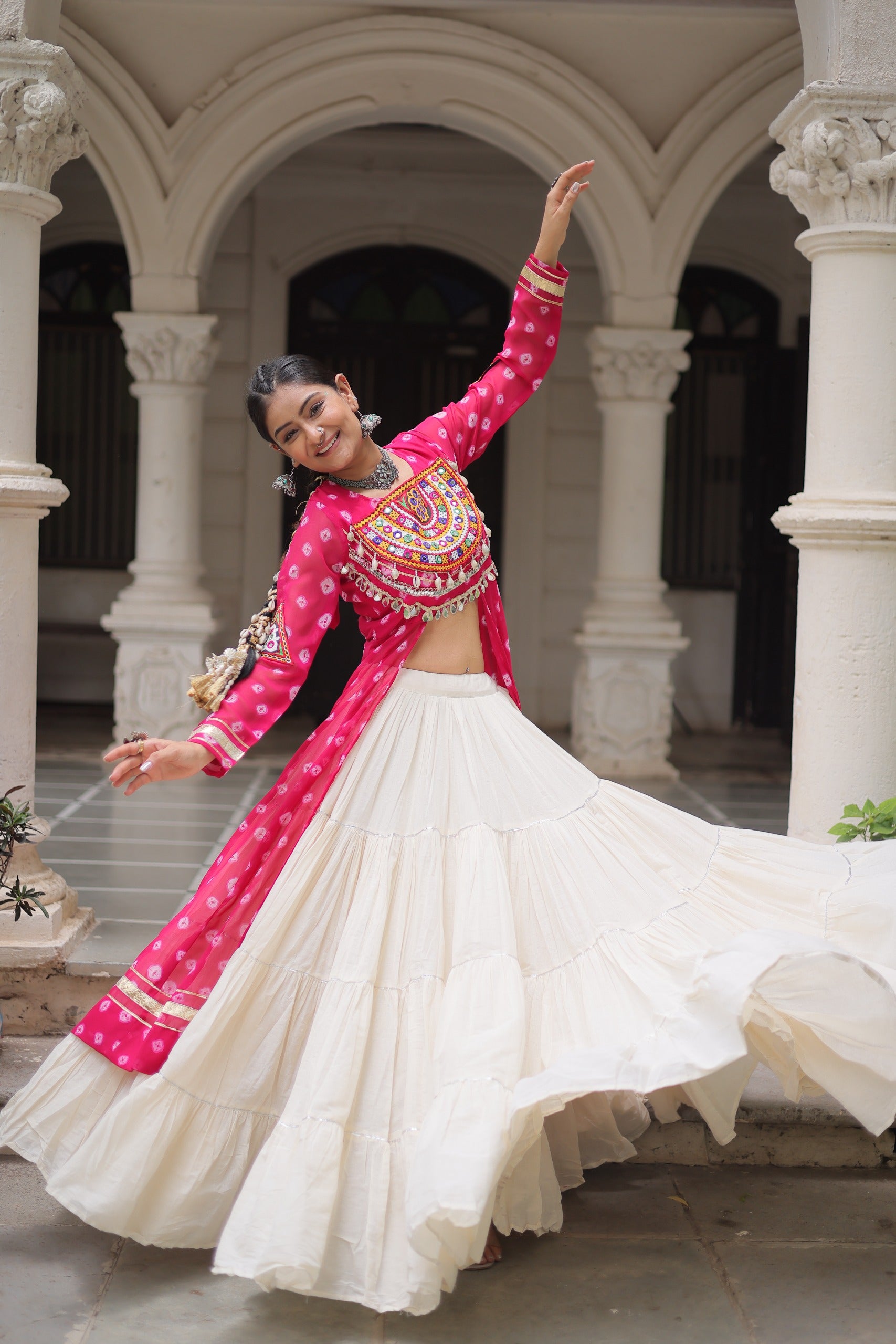 β¨  Navratri Collection - Bandhani Print Kurti with Kora Cotton Lehenga